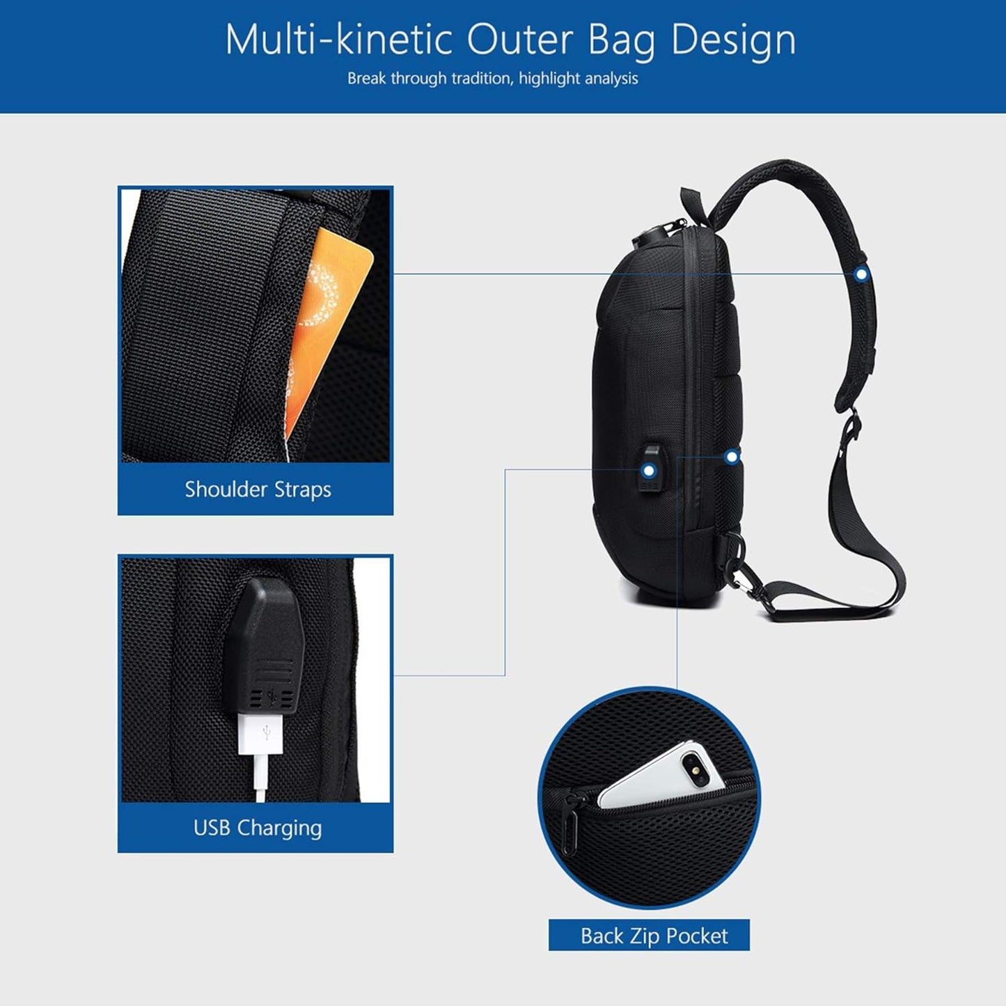 Anti Theft Sling Bag Crossbody Backpack USB Charging Port Waterproof Chest Bag