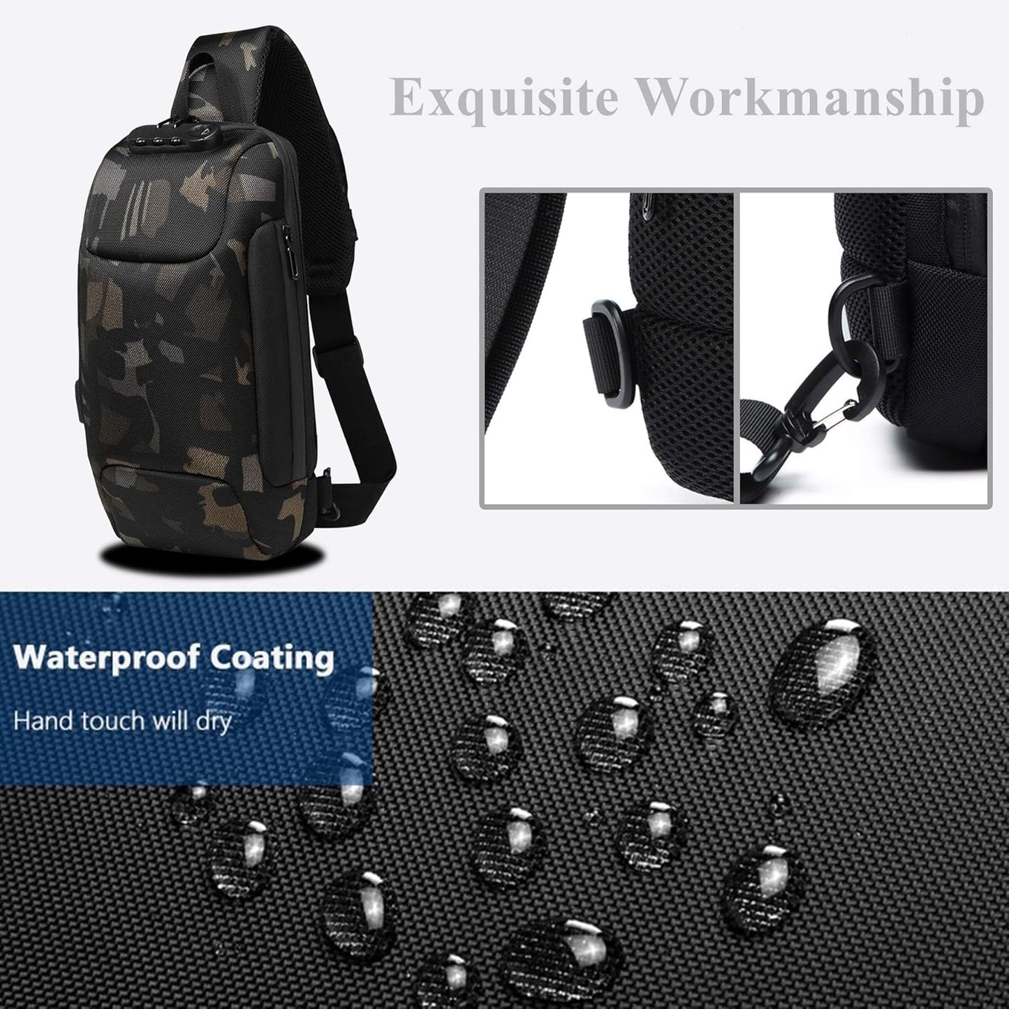 Anti Theft Sling Bag Crossbody Backpack USB Charging Port Waterproof Chest Bag