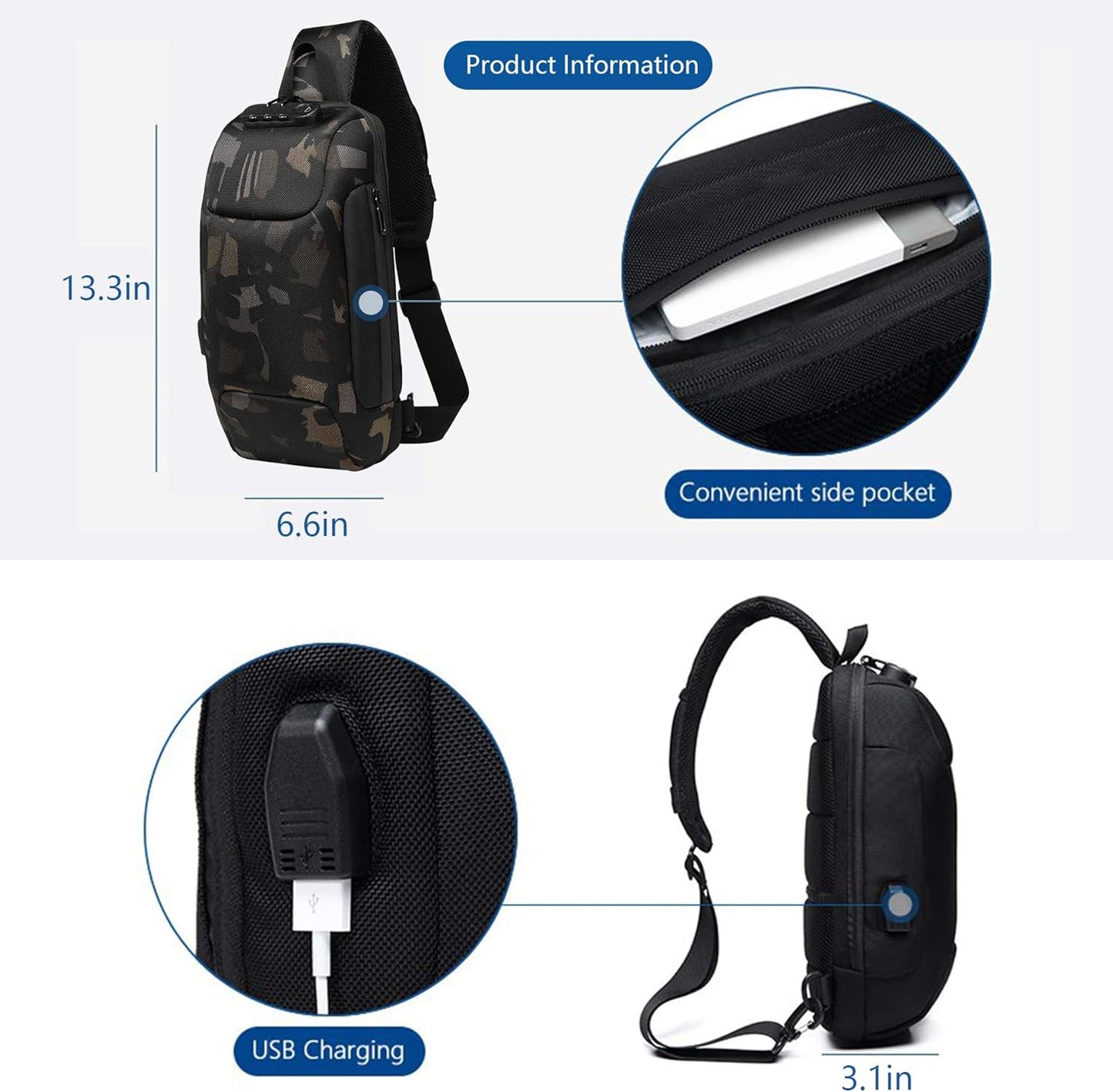 Anti Theft Sling Bag Crossbody Backpack USB Charging Port Waterproof Chest Bag