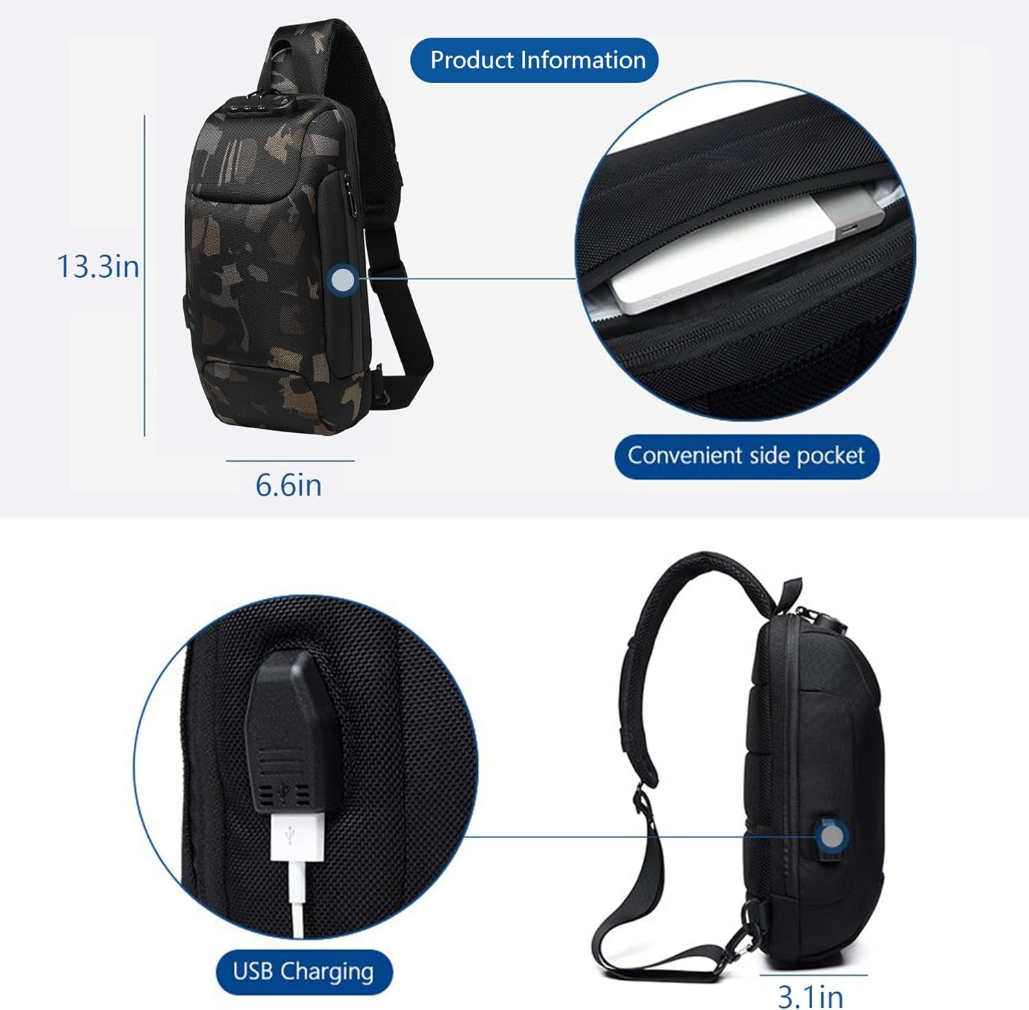 Anti Theft Sling Bag Crossbody Backpack USB Charging Port Waterproof Chest Bag
